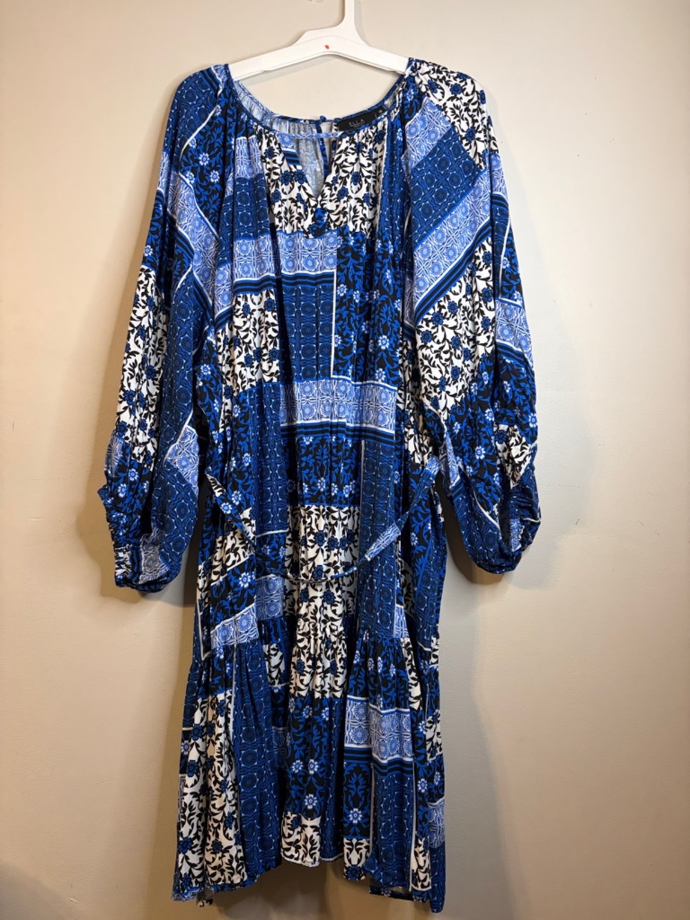 Rafaella Plus Size 3X Blue White Patchwork Peasant Midi Dress Boho EUC #221